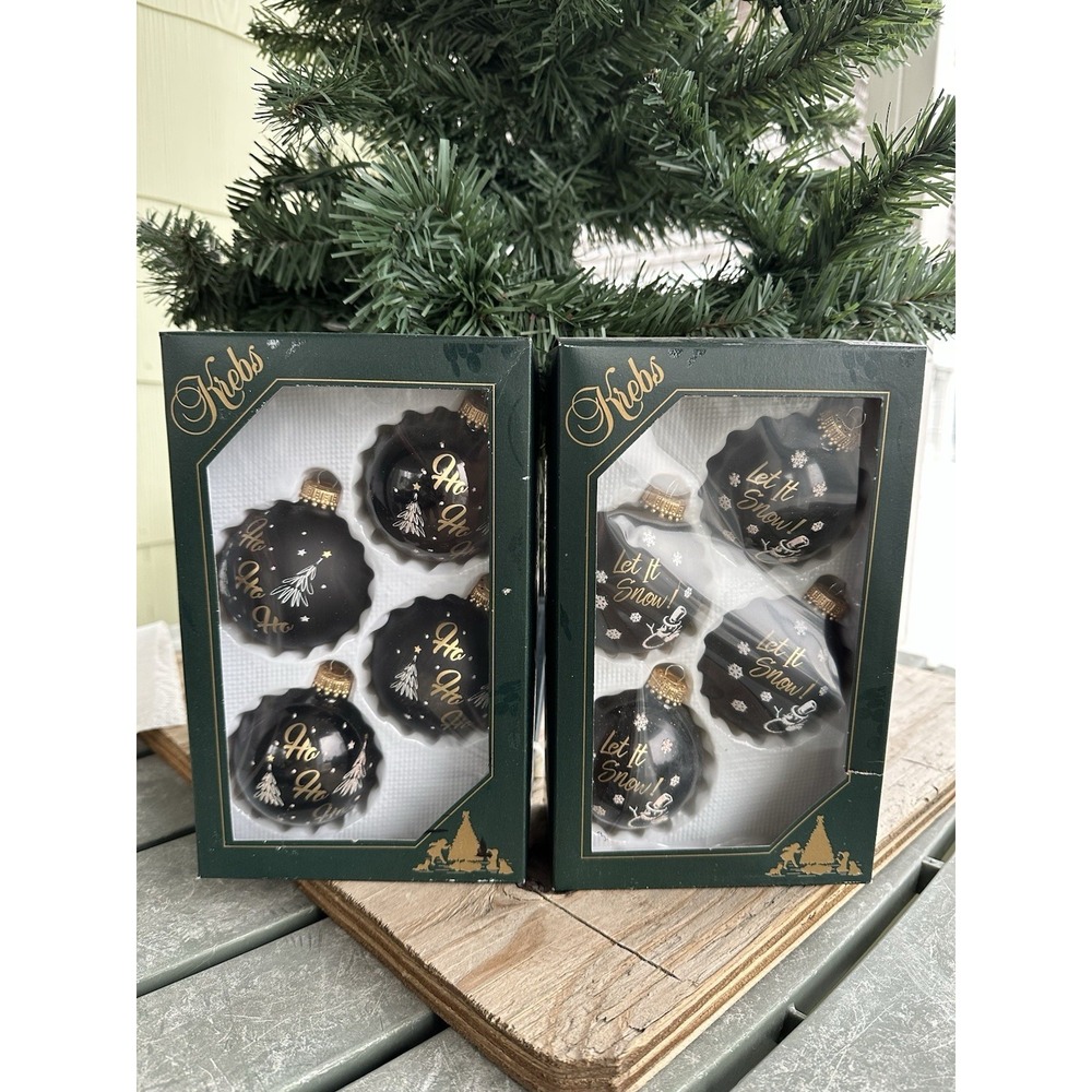 Krebs Glass Ebony Shine Christmas Ornaments Balls 2 5/8" Let it Snow &‎ Ho Ho Ho
